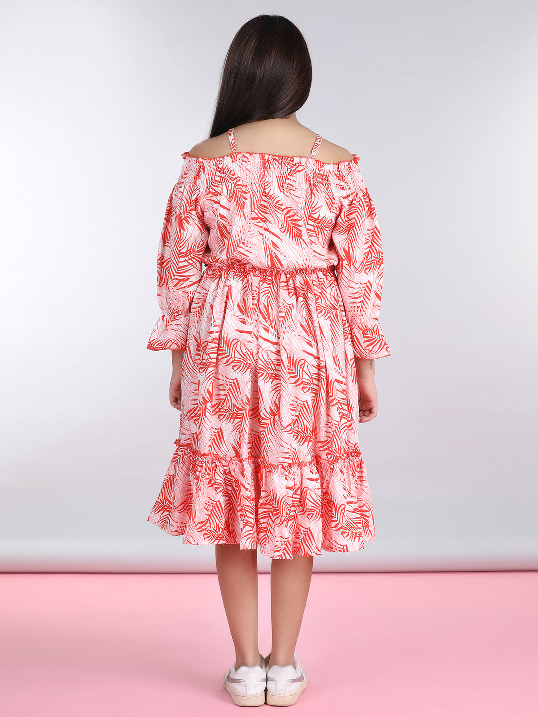 Cutiekins Shoulder Straps Printed Flared Dress-Pink & Red