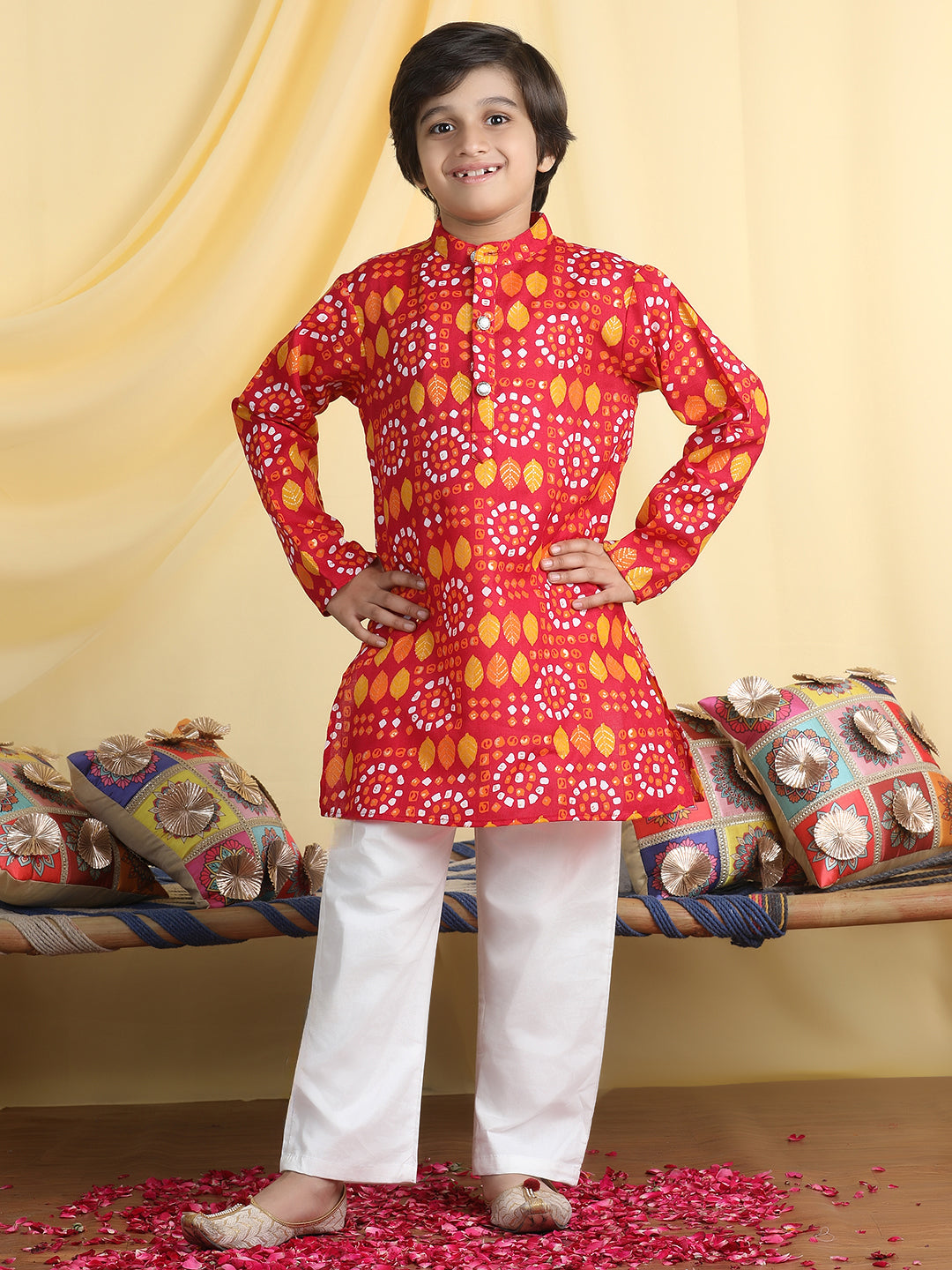 Cutiekins Boys Ethnic Motifs Print Mandarian Collar Kurta & Pajama Set -Red & White