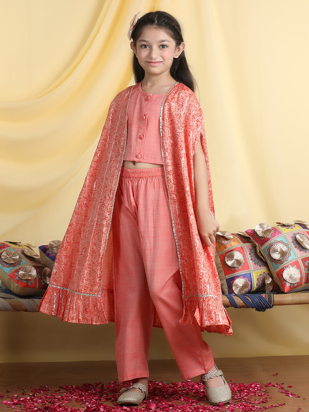Cutiekins Girls Solid Crop Top & Palazzo With Tropical Print Shrug -Coral & Orange