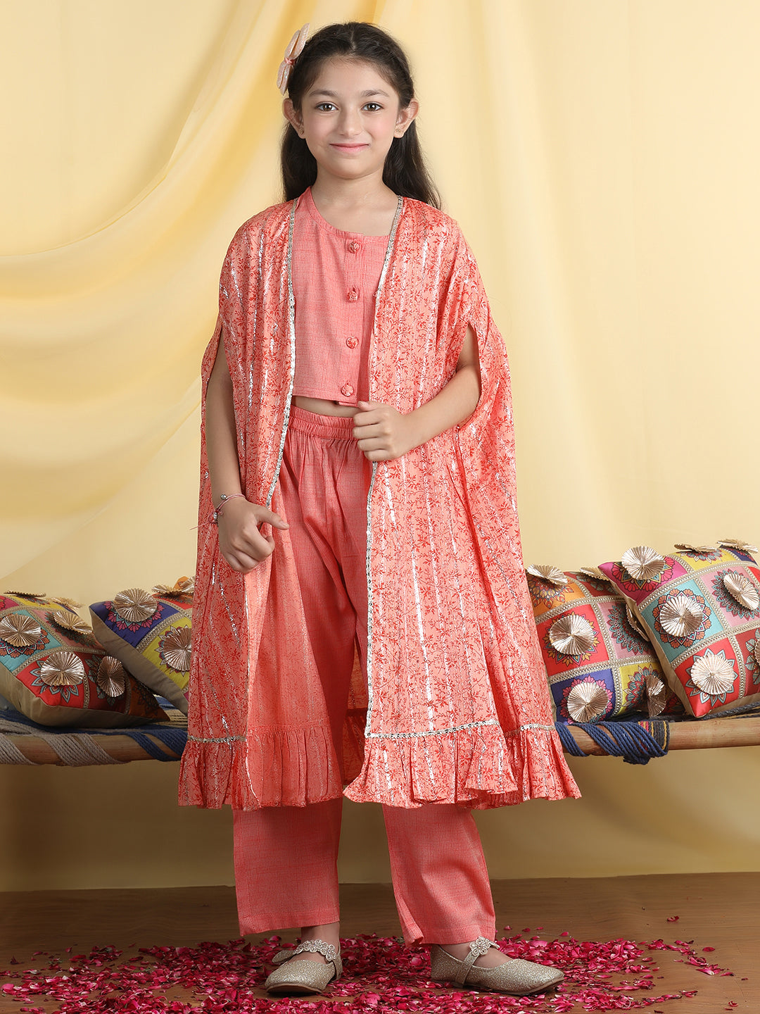 Cutiekins Girls Solid Crop Top & Palazzo With Tropical Print Shrug -Coral & Orange
