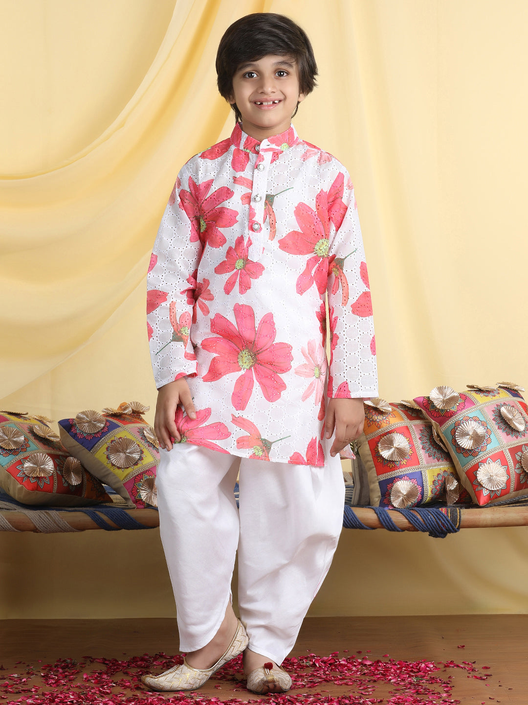 Cutiekins Boys Floral Print Mandarin Collar Kurta with Dhoti -White & Red