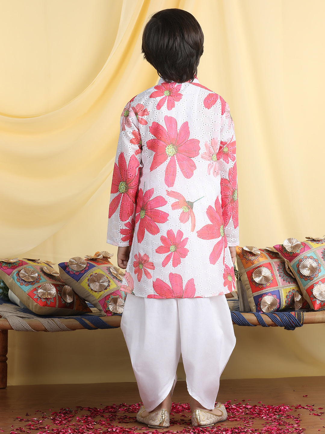 Cutiekins Boys Floral Print Mandarin Collar Kurta with Dhoti -White & Red