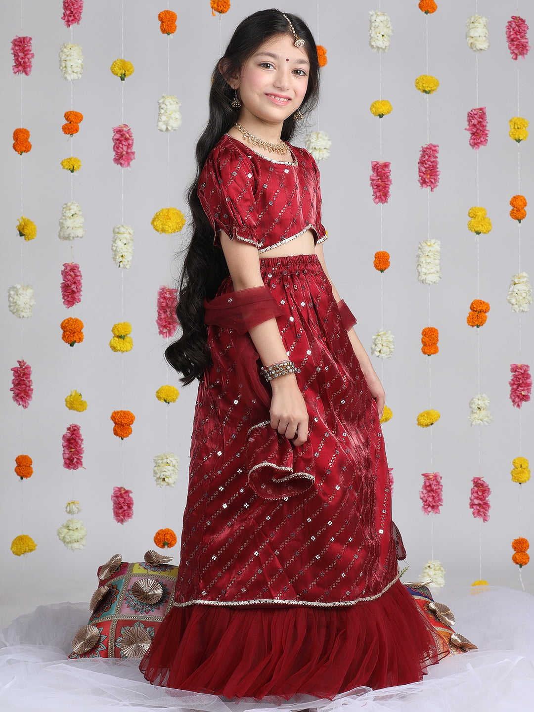 Cutiekins Girls Embroidered Mirror Work Ready to Wear Lehenga & Choli With Dupatta -Maroon & Gold