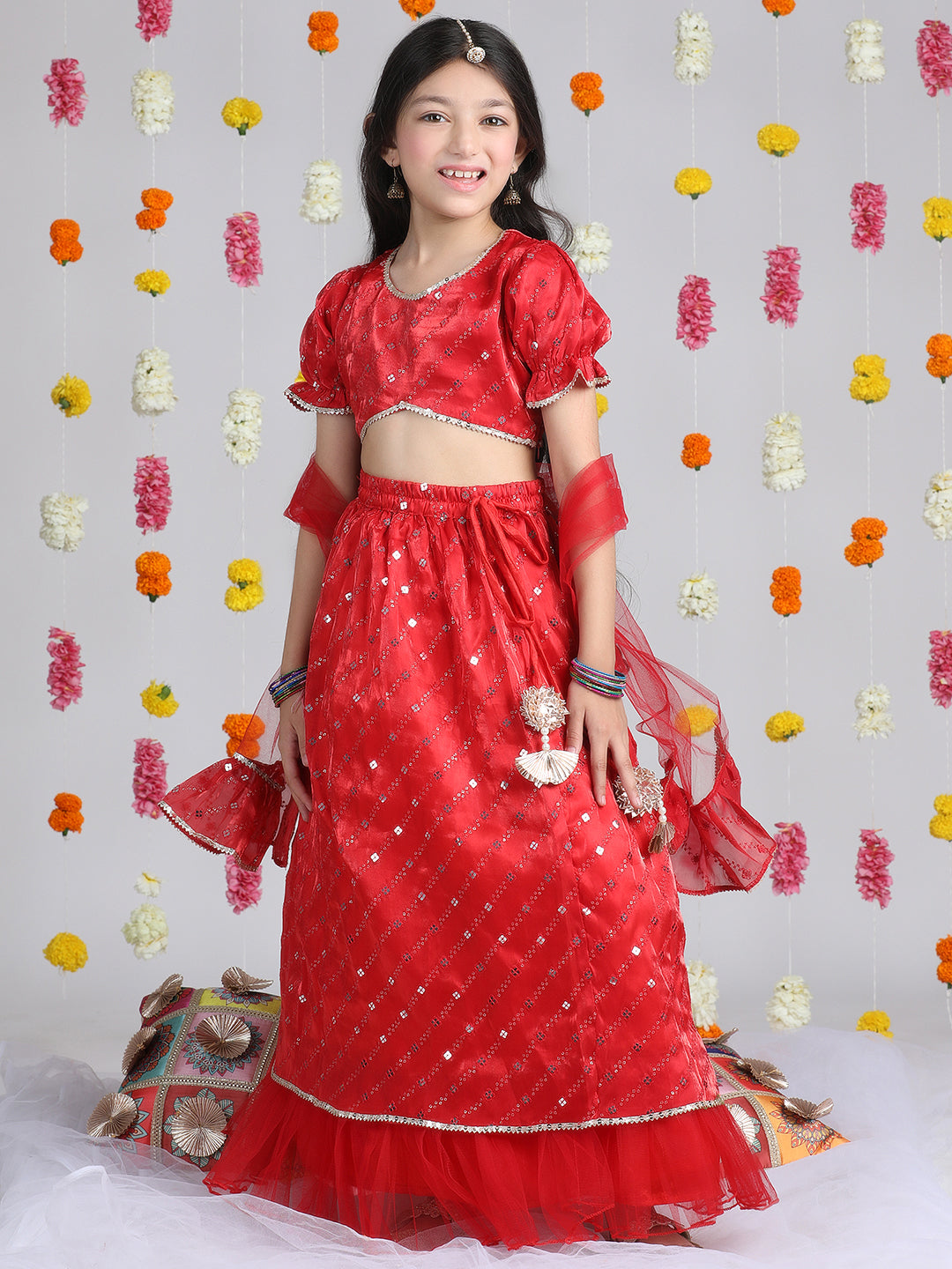 Cutiekins Girls Embroidered Mirror Work Ready to Wear Lehenga & Choli With Dupatta -Red & Gold