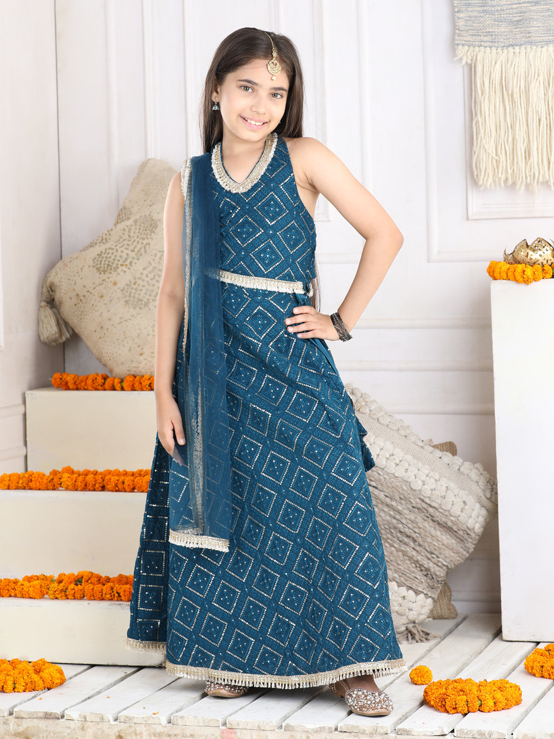 Cutiekins Sequinned Lehenga Choli & Dupatta Set-Teal Blue & Golden