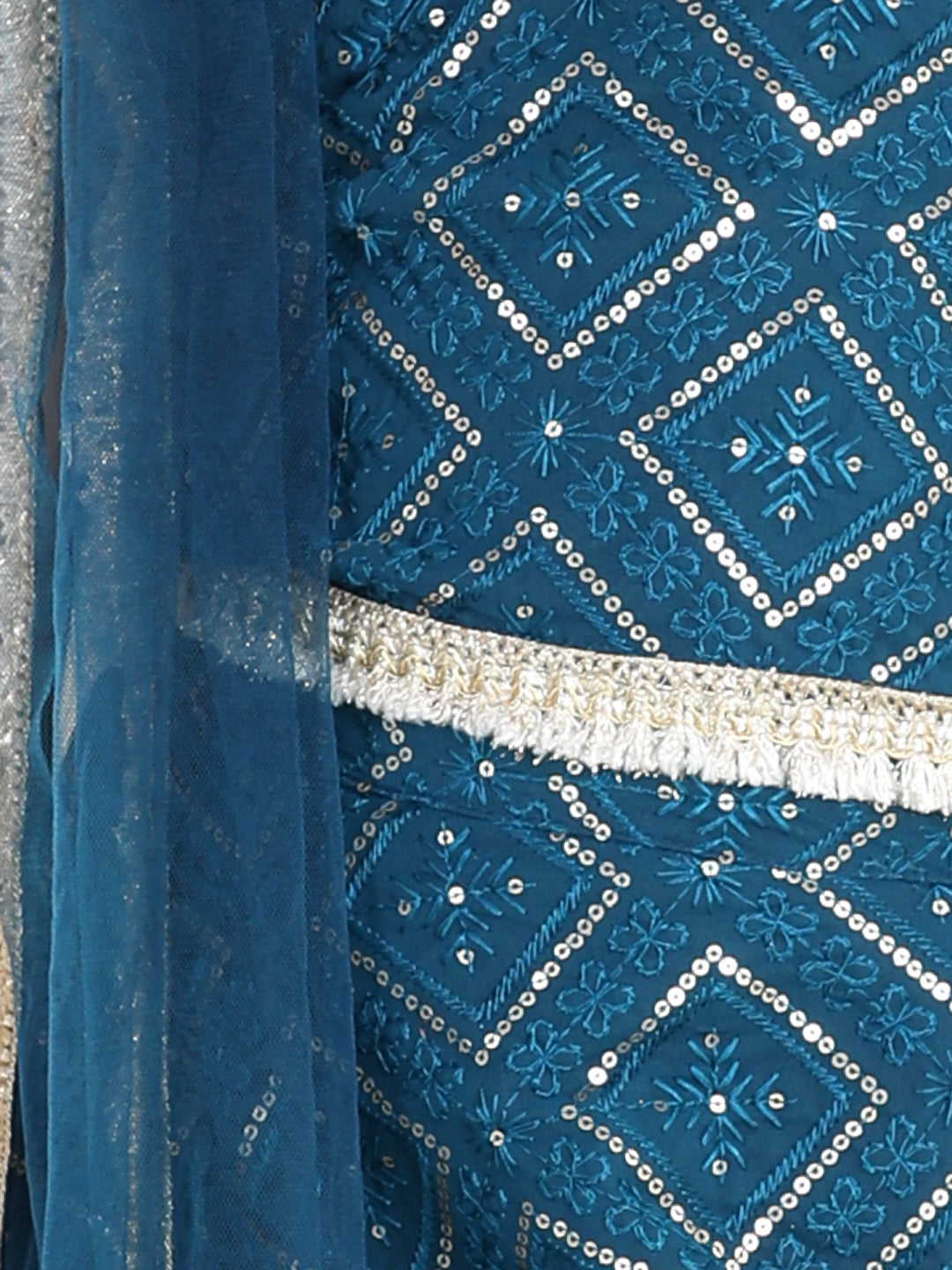 Cutiekins Sequinned Lehenga Choli & Dupatta Set-Teal Blue & Golden
