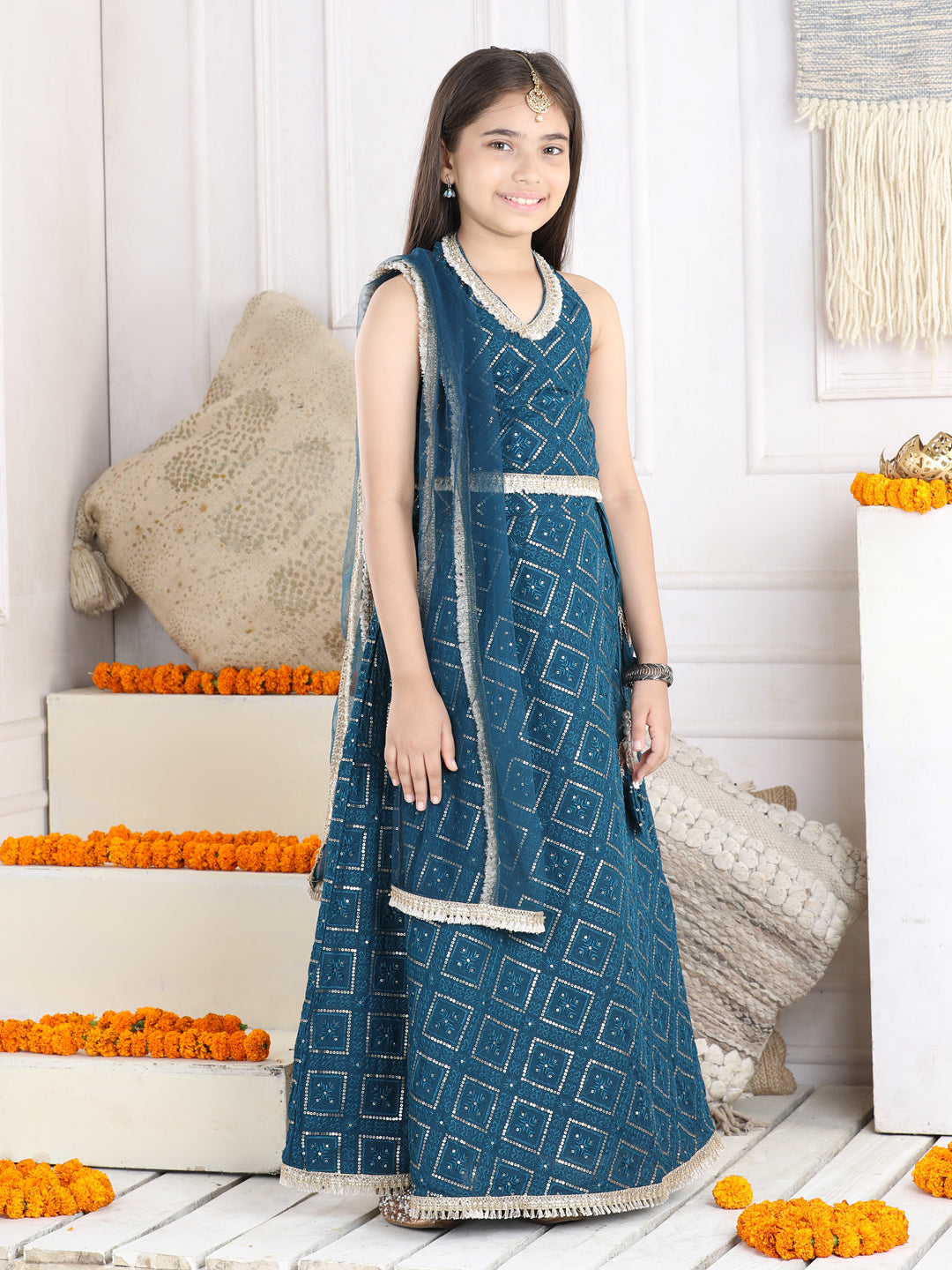 Cutiekins Sequinned Lehenga Choli & Dupatta Set-Teal Blue & Golden