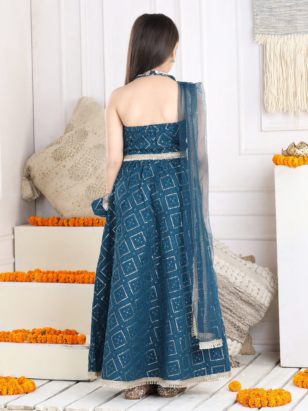 Cutiekins Sequinned Lehenga Choli & Dupatta Set-Teal Blue & Golden