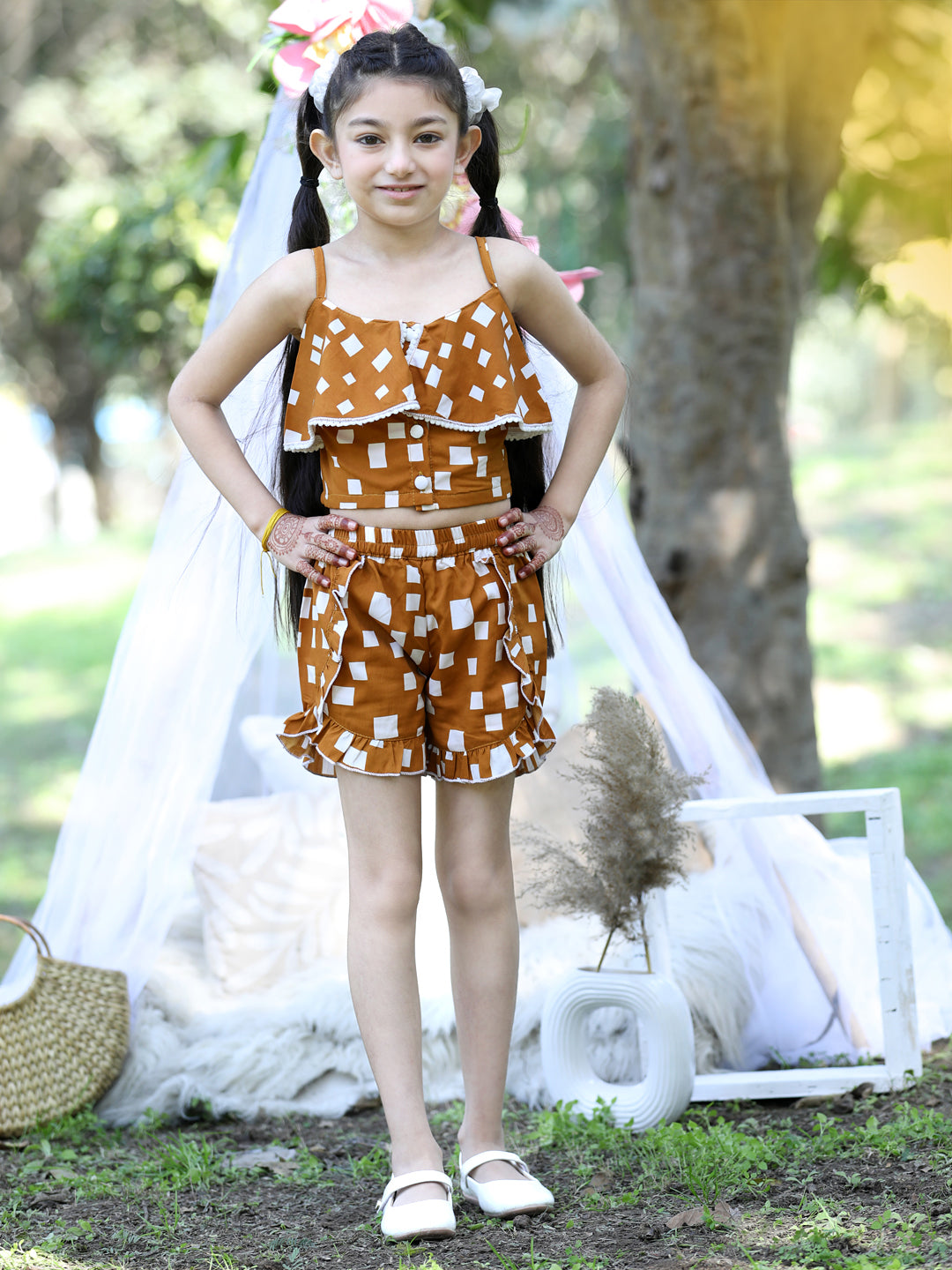 Cutiekins Shoulder Straps Printed Crop Top & Shorts Set -Brown & White