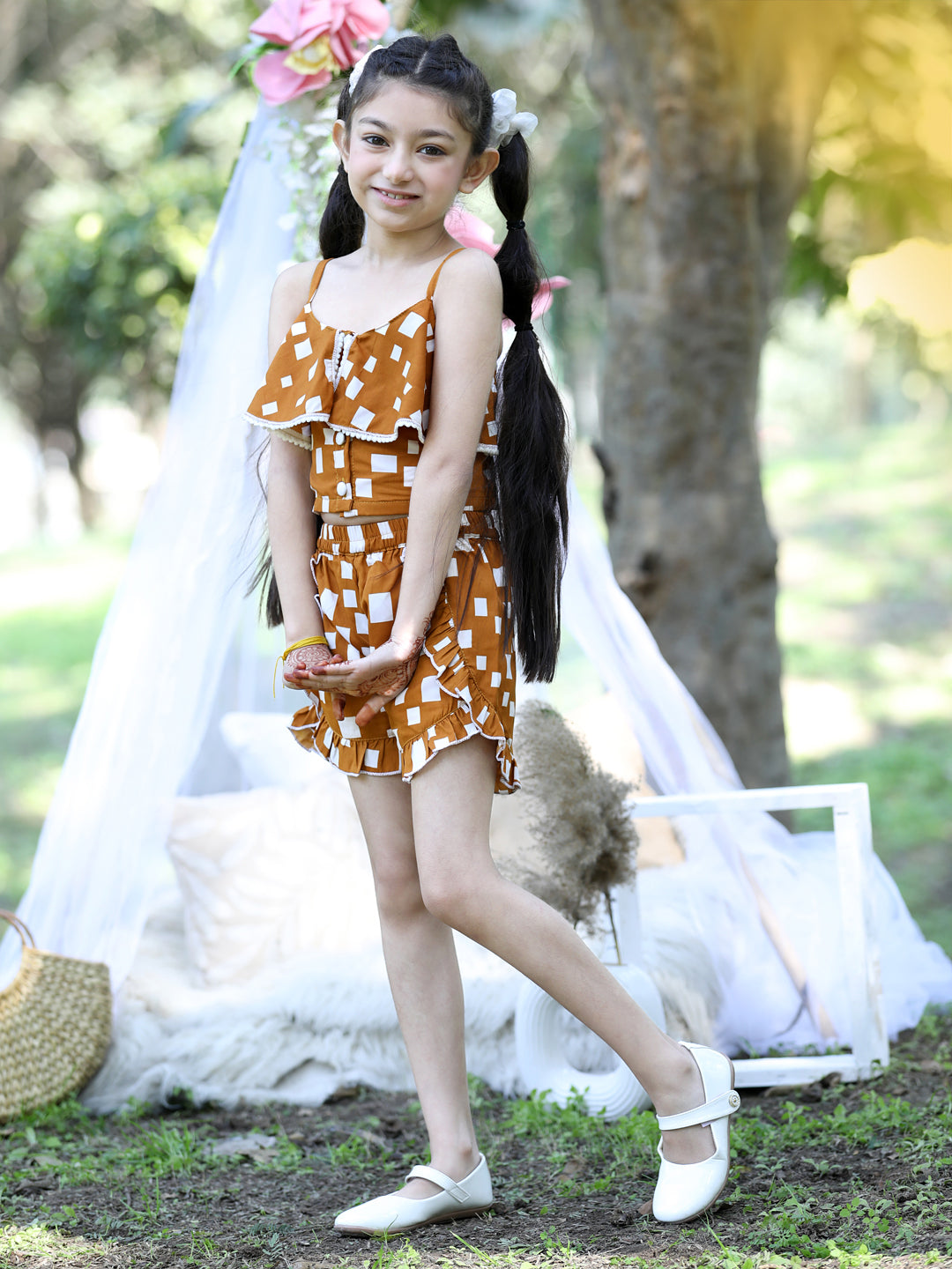 Cutiekins Shoulder Straps Printed Crop Top & Shorts Set -Brown & White