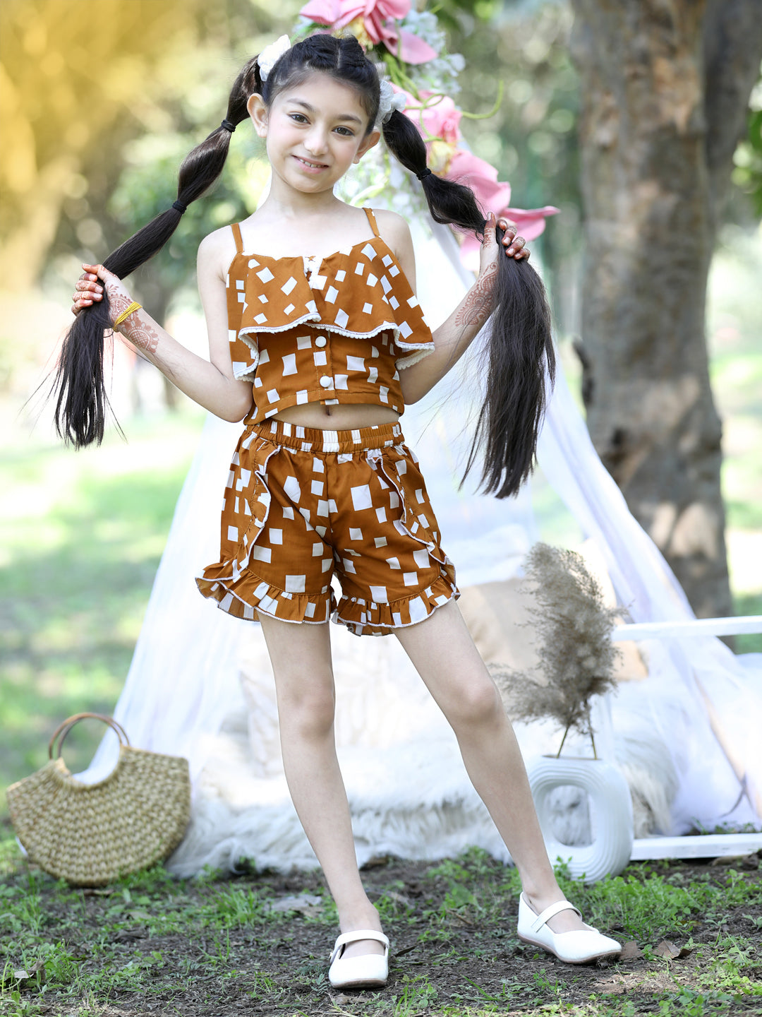 Cutiekins Shoulder Straps Printed Crop Top & Shorts Set -Brown & White