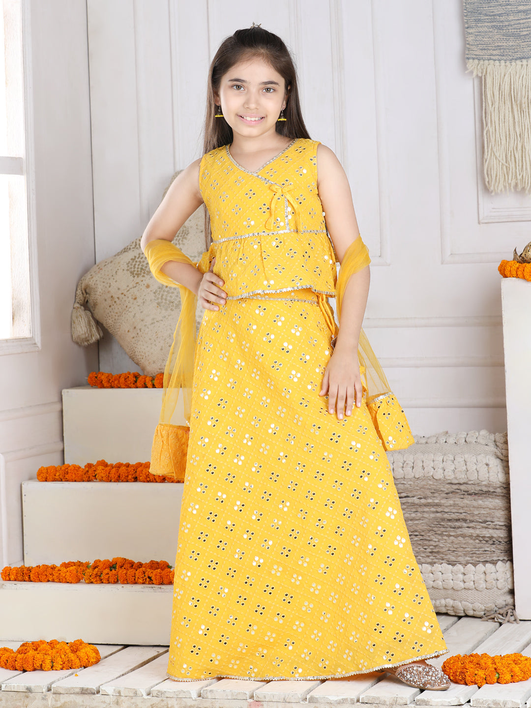 Cutiekins Mirror Work Lehenga Choli & Dupatta Set-Yellow & Golden