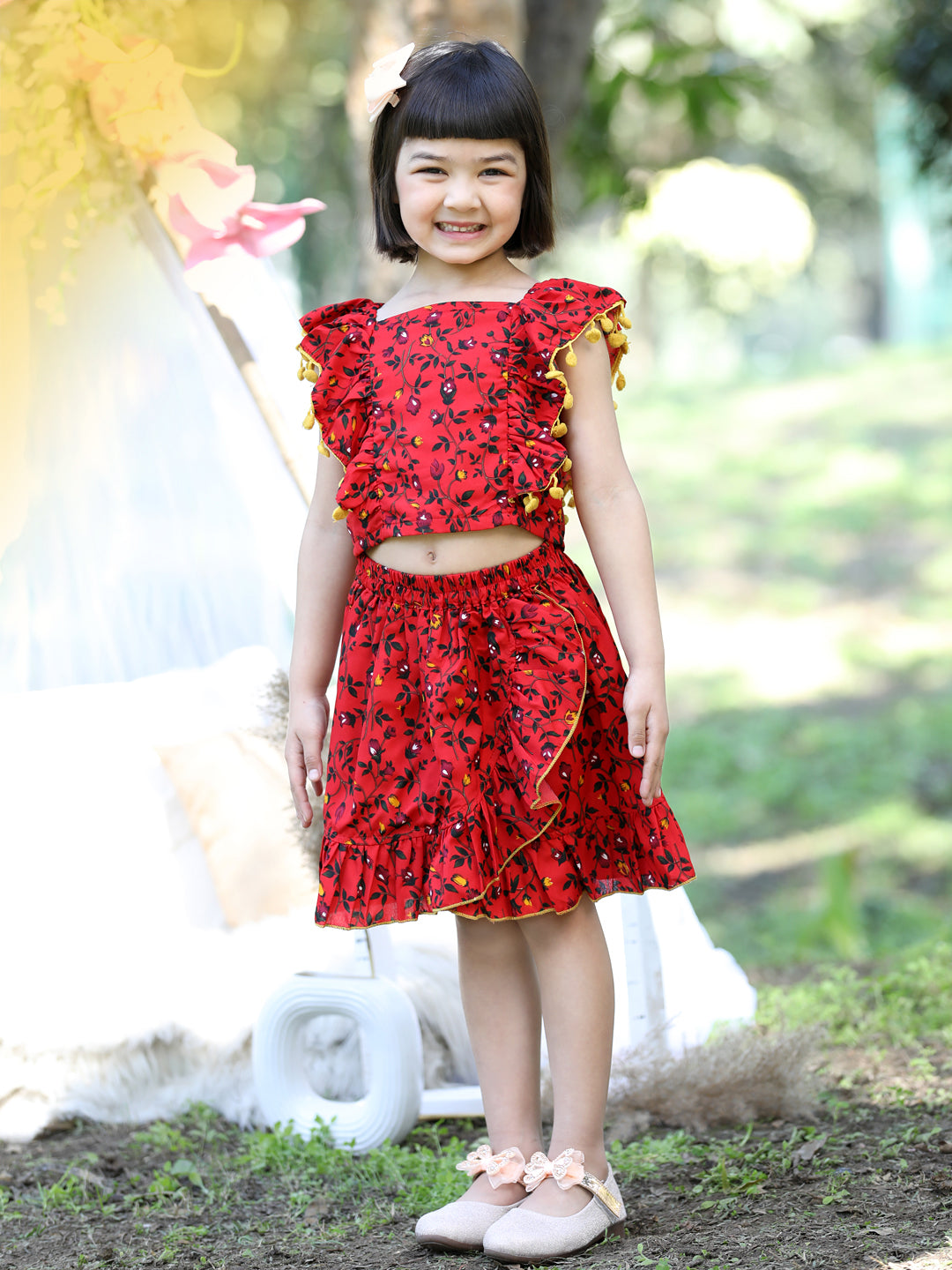 Cutiekins Square Neck Printed Crop Top & Skirt Set -Red & Yellow
