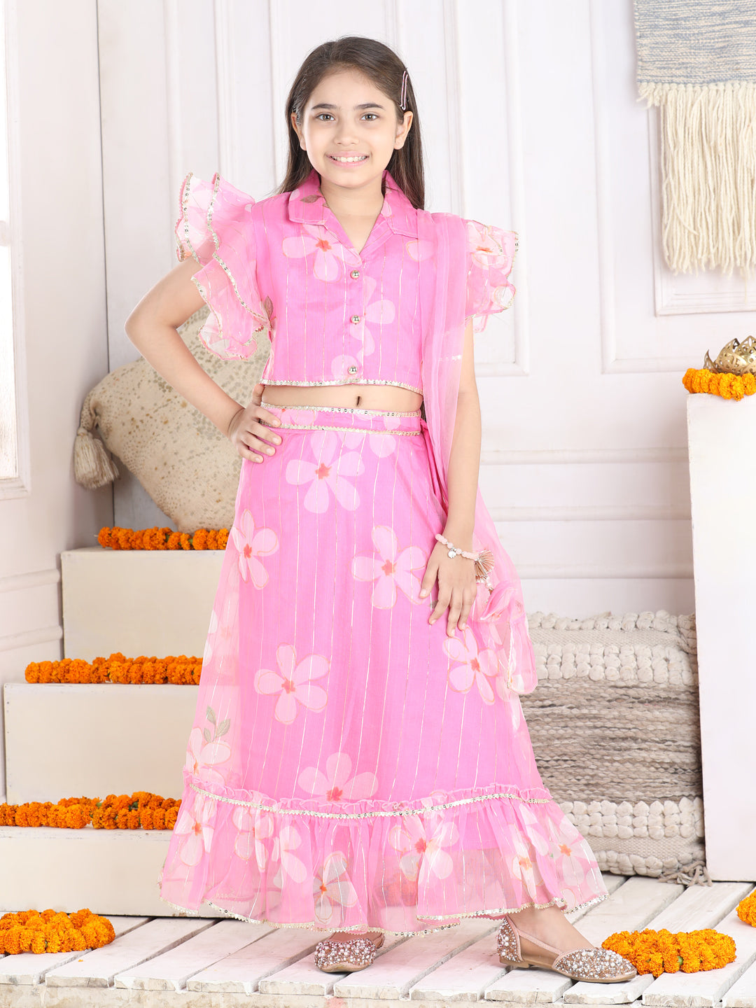 Cutiekins Printed Lehenga Choli & Dupatta Set-Pink & Golden