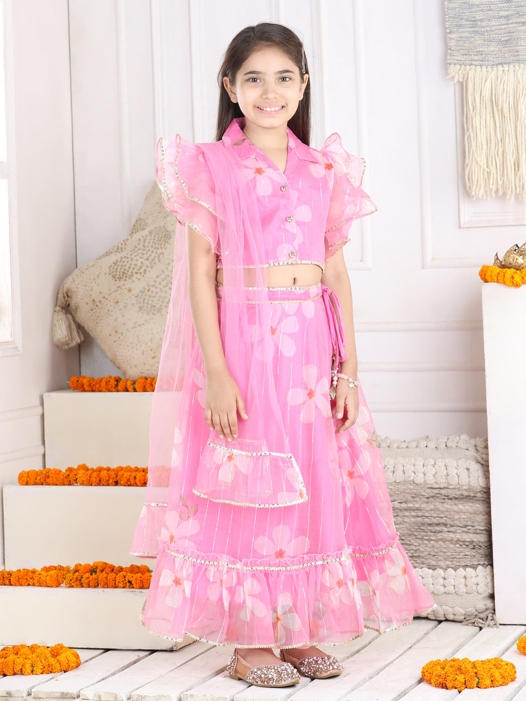 Cutiekins Printed Lehenga Choli & Dupatta Set-Pink & Golden