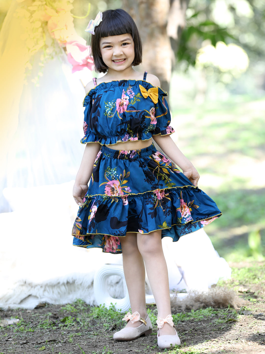 Cutiekins Shoulder Straps Printed Crop Top & Skirt Set -Teal Blue & Yellow
