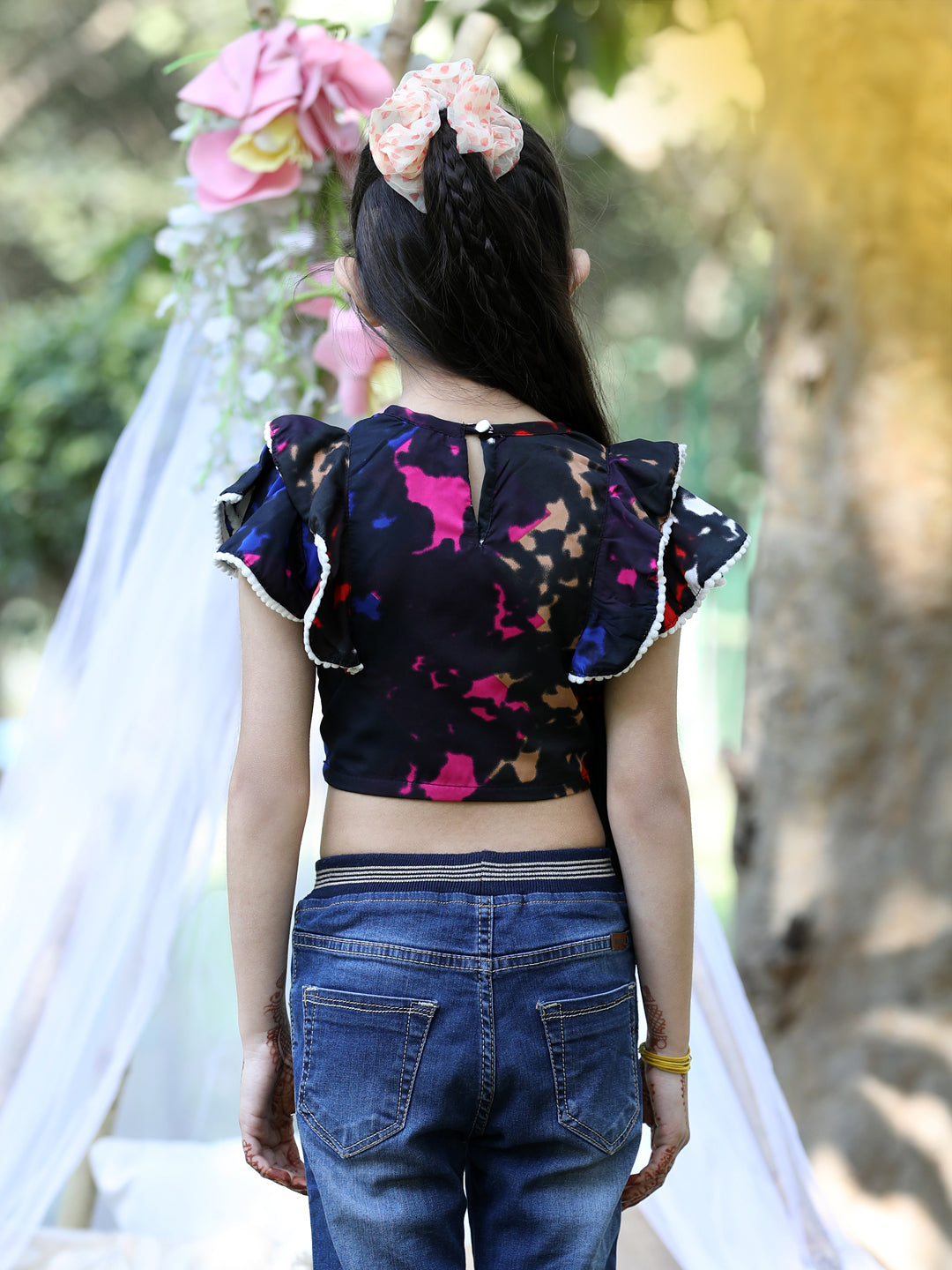 Cutiekins Round Neck Printed Crop Top-Black & Pink