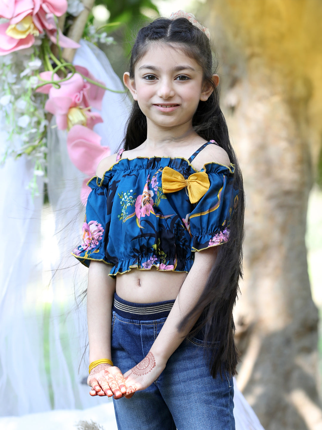 Cutiekins Shoulder Straps Printed Crop Top-Teal Blue & Yellow