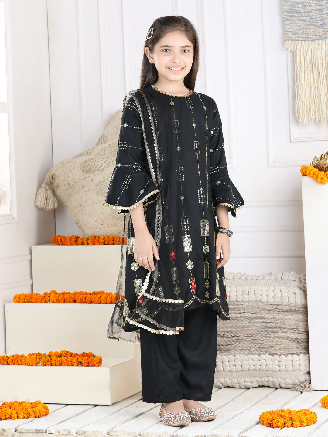 Cutiekins Sequence Embroided A-line Kurta, Palazzo & Dupatta Set-Black & Golden