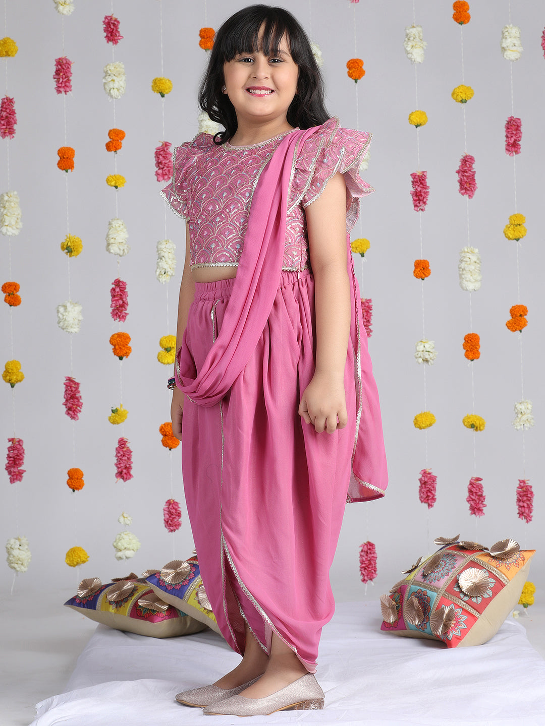 Cutiekins Girls Embroidered Drape Dhoti & Top -Onion Pink & Silver