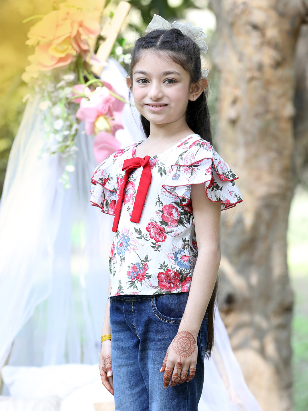 Cutiekins Round Neck Printed Regular Top-White & Red