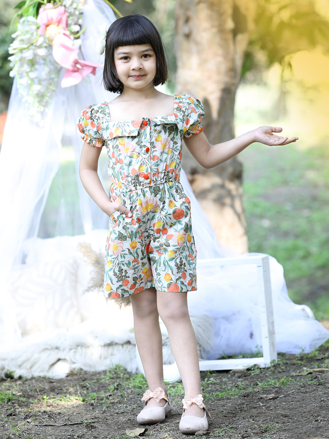 Cutiekins Square Neck Printed Cotton Playsuit -White & Green