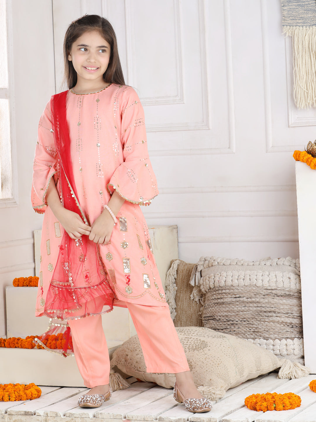 Cutiekins Sequence Embroided A-line Kurta, Palazzo & Dupatta Set-Peach & Golden