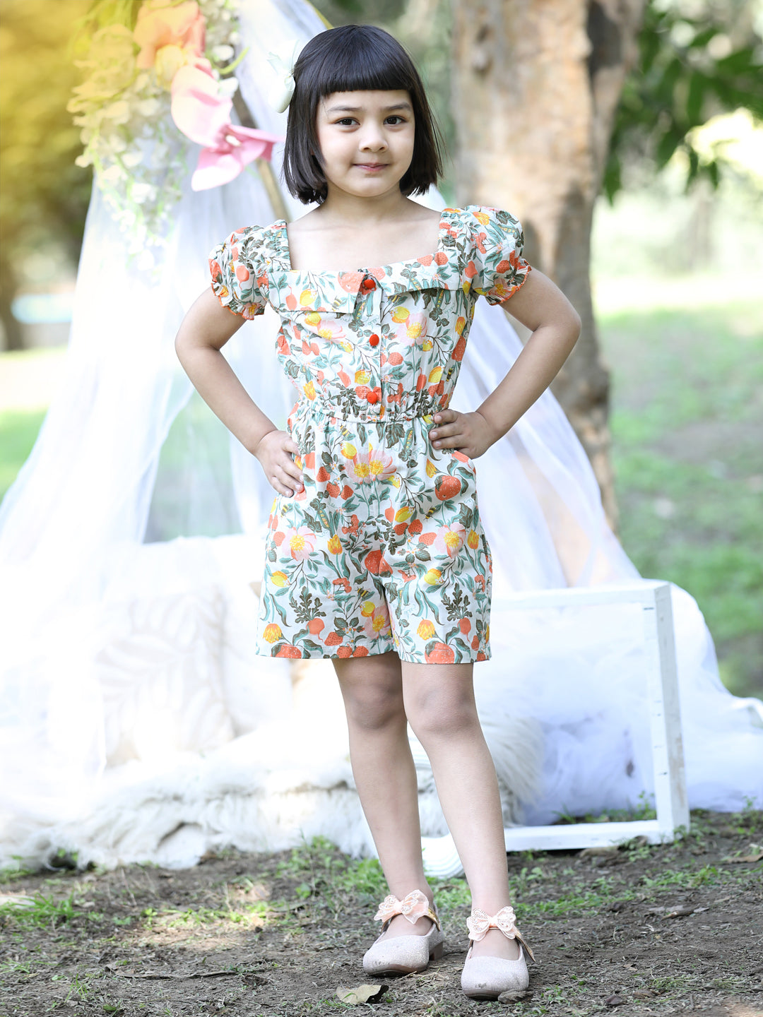 Cutiekins Square Neck Printed Cotton Playsuit -White & Green