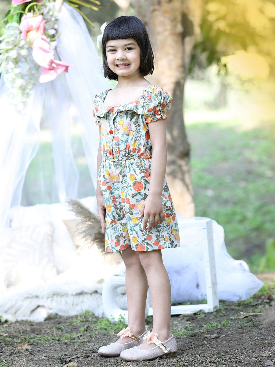 Cutiekins Square Neck Printed Cotton Playsuit -White & Green