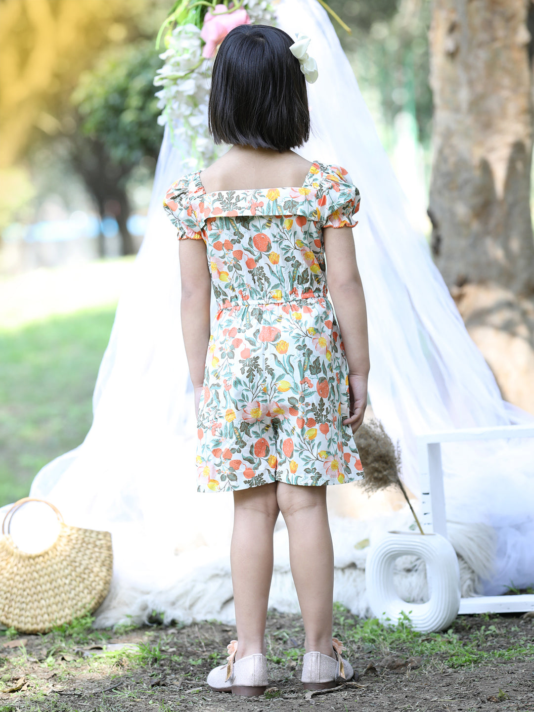 Cutiekins Square Neck Printed Cotton Playsuit -White & Green