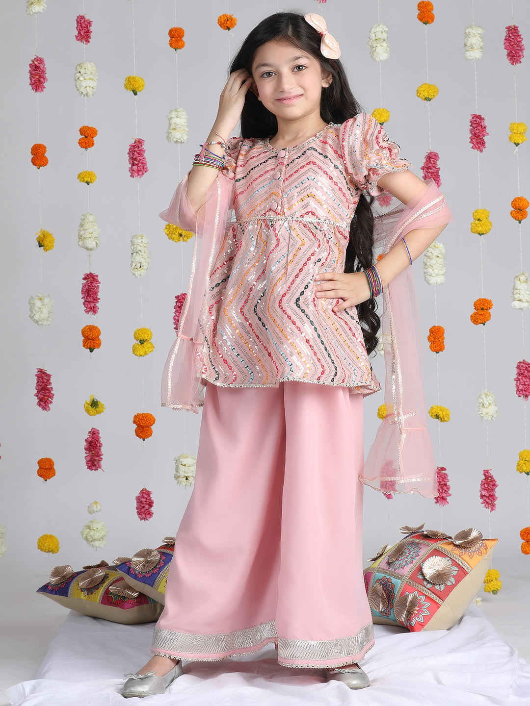 Cutiekins Girls Embroidered Puffed Sleeves A-Line Kurta With Palazzos & Dupatta -Peach & Multi