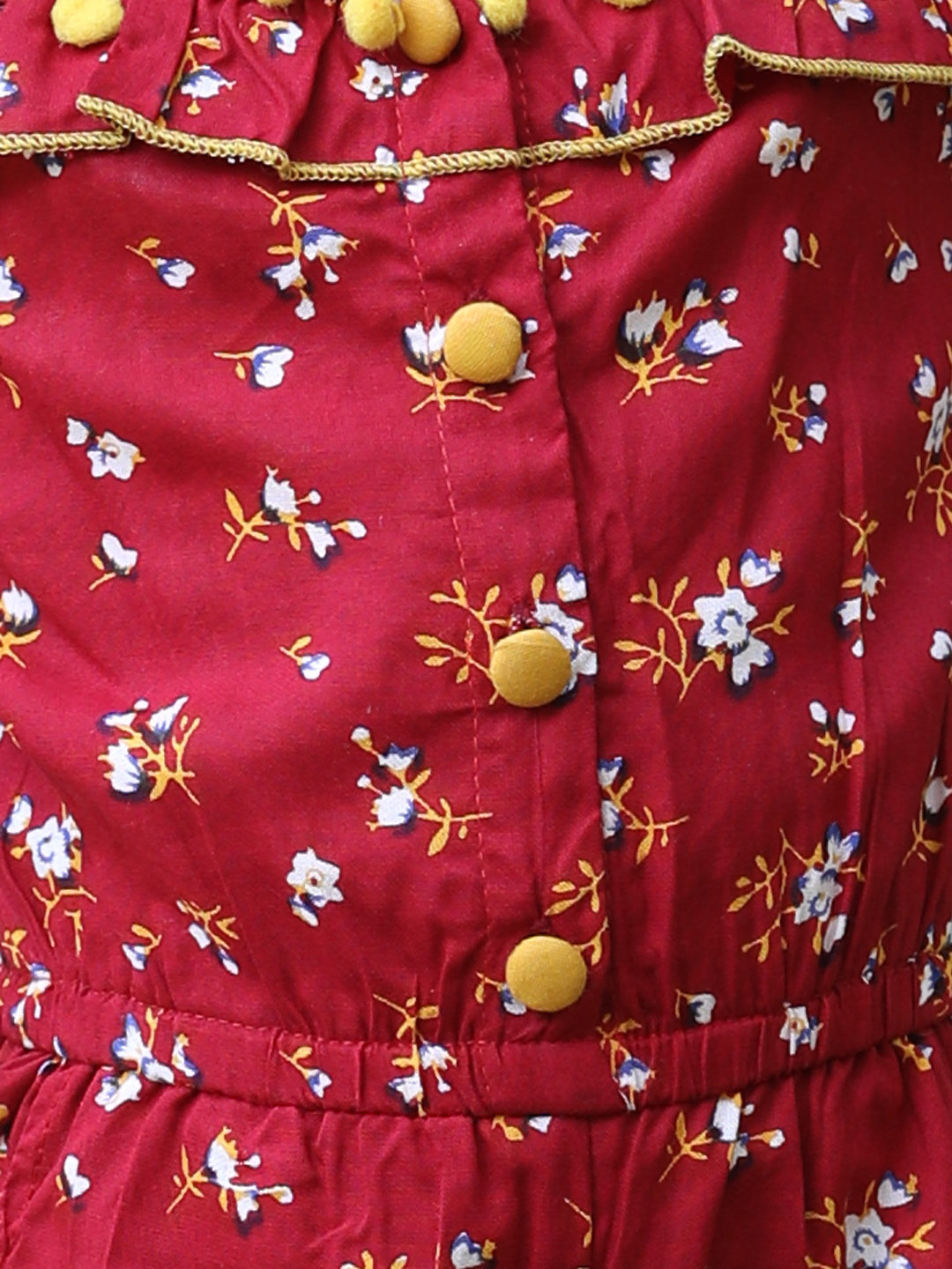 Cutiekins Square Neck Printed Rayon Playsuit -Maroon & Yellow