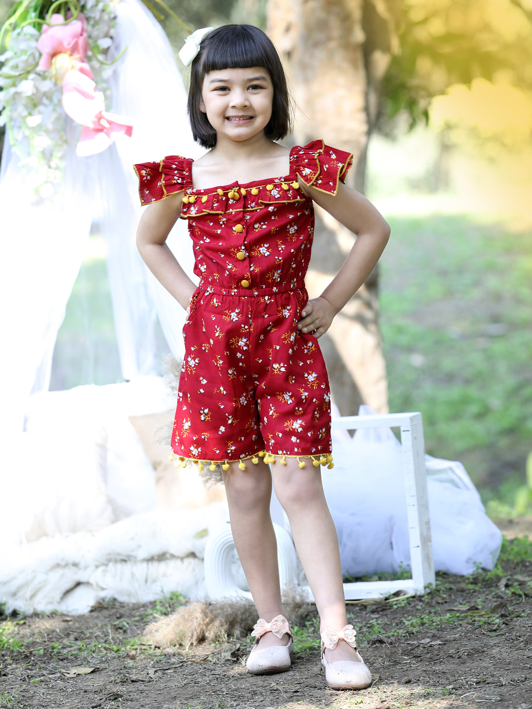 Cutiekins Square Neck Printed Rayon Playsuit -Maroon & Yellow