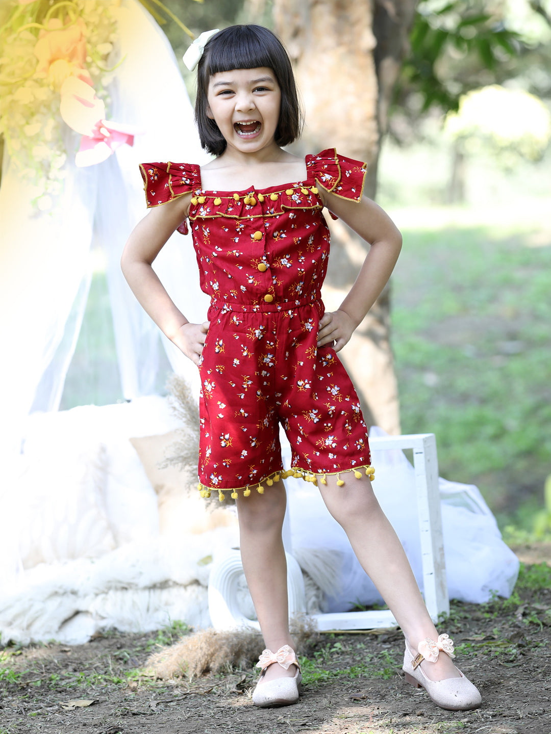 Cutiekins Square Neck Printed Rayon Playsuit -Maroon & Yellow