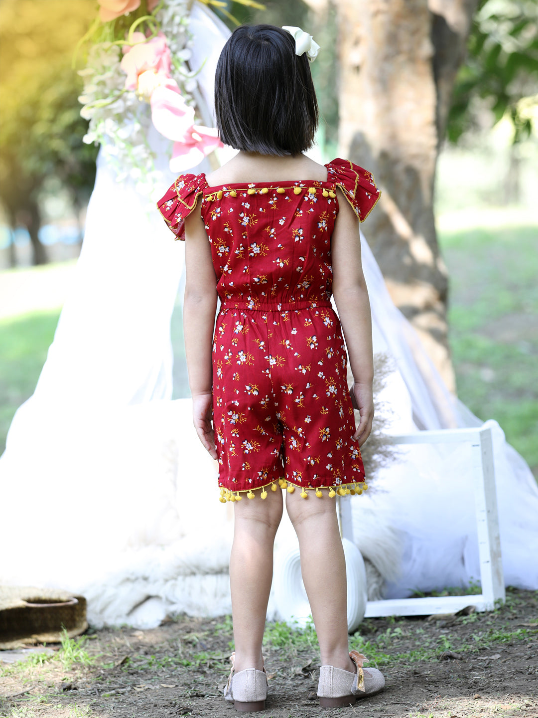 Cutiekins Square Neck Printed Rayon Playsuit -Maroon & Yellow