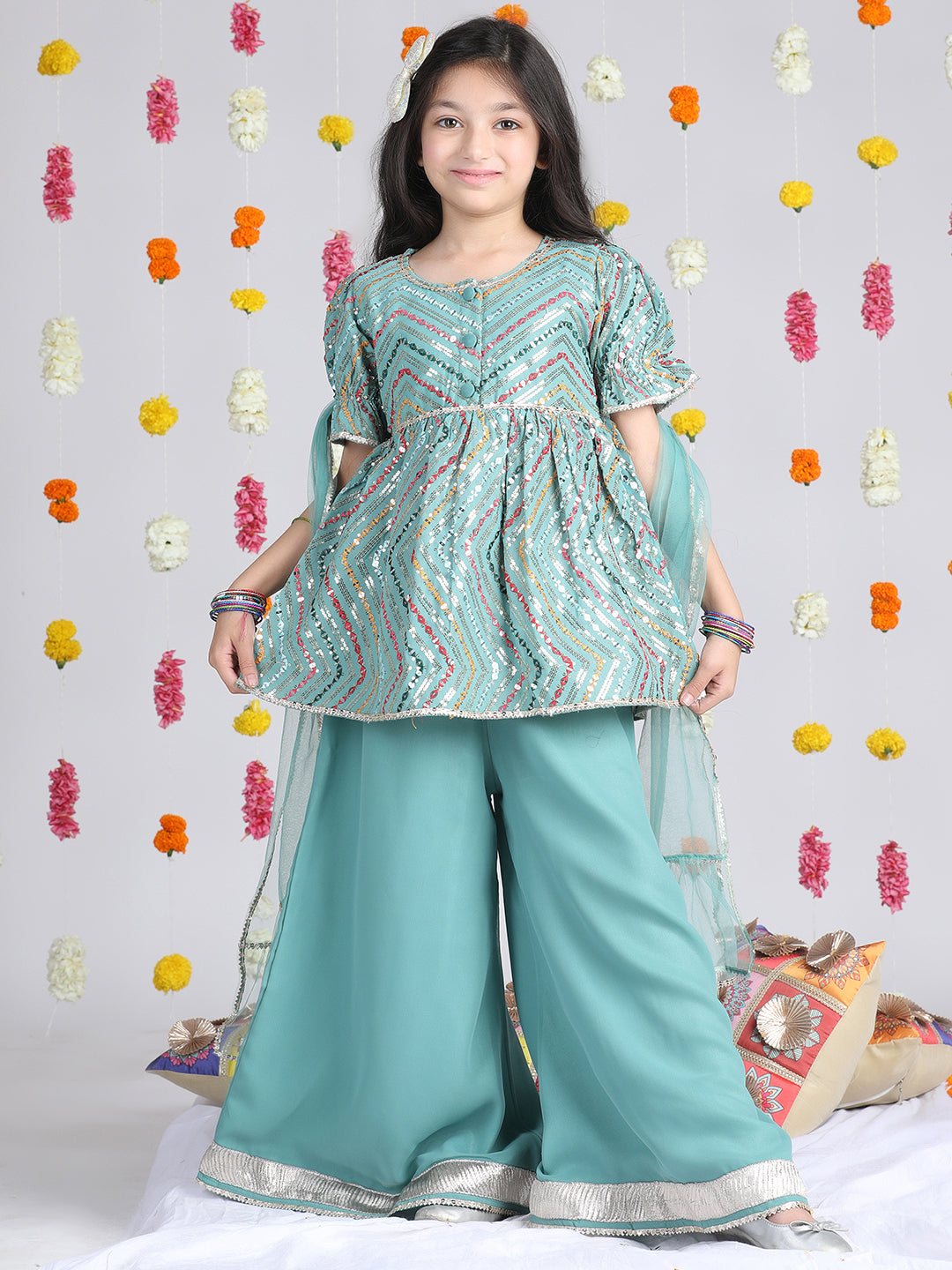 Cutiekins Girls Embroidered Puffed Sleeves A-Line Kurta With Palazzos & Dupatta -Rama Green & Multi