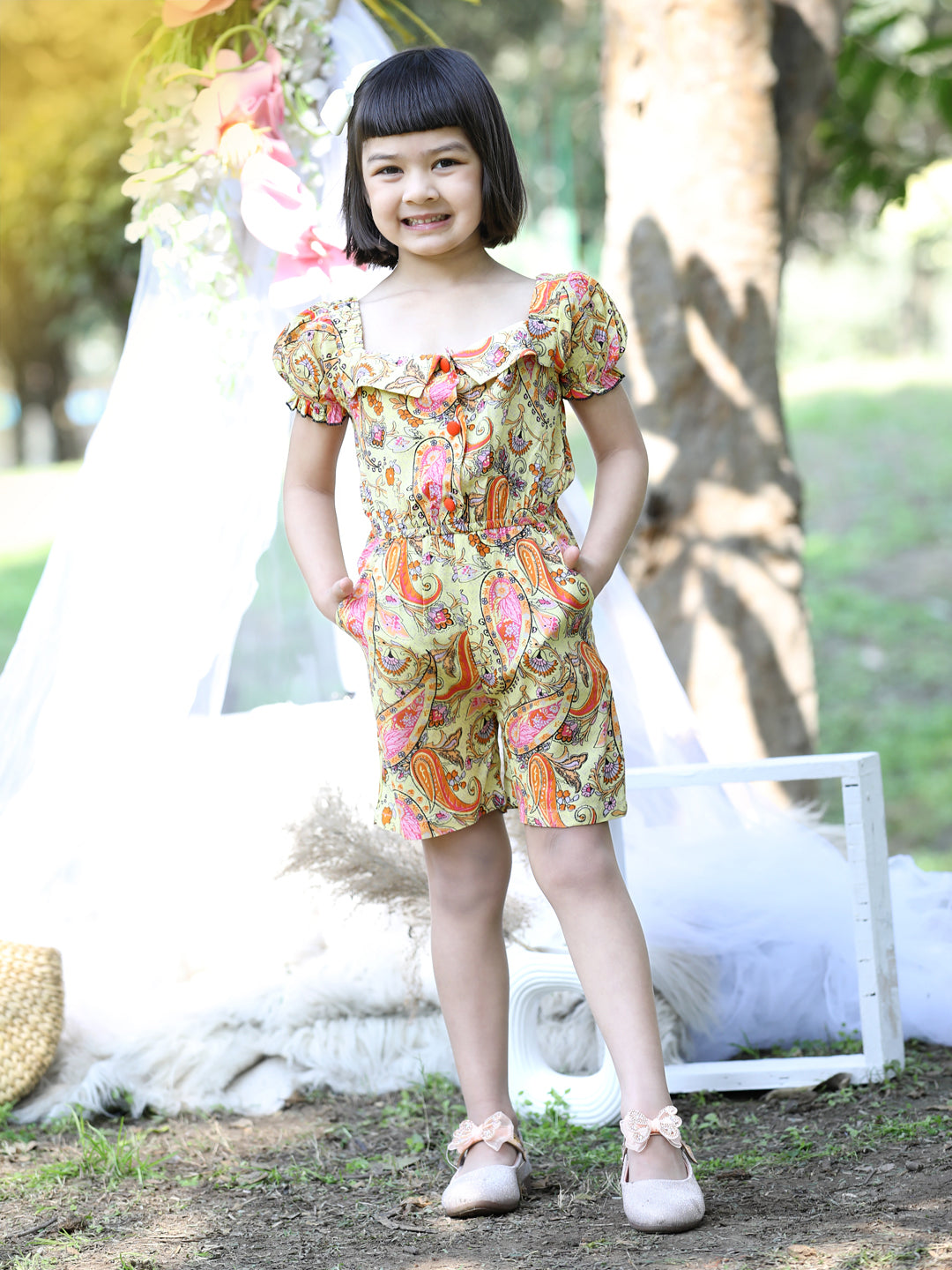 Cutiekins Square Neck Printed Rayon Playsuit -Yellow & Orange