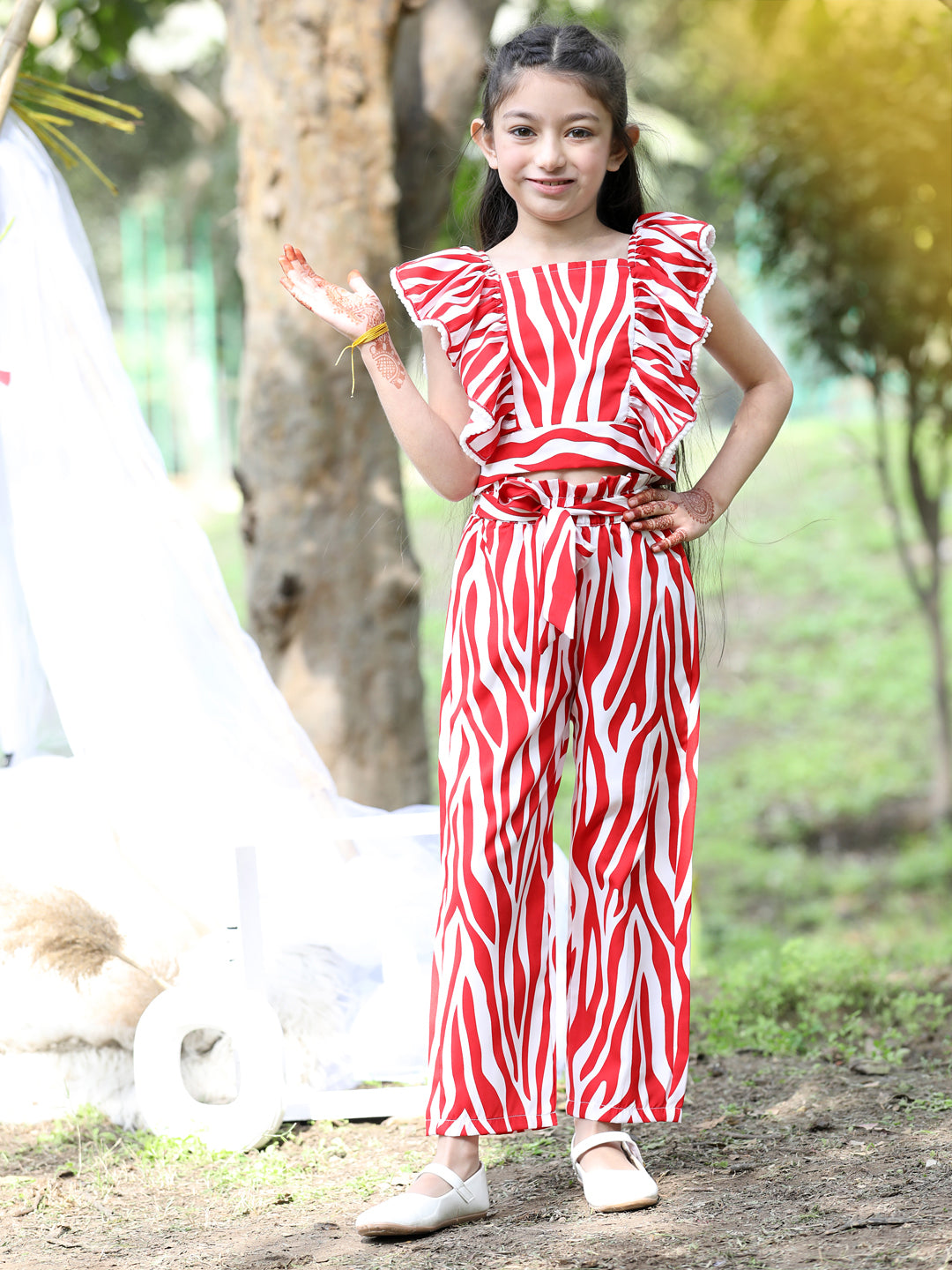 Cutiekins Square Neck Printed Crop Top & Trousers Set -Red & White