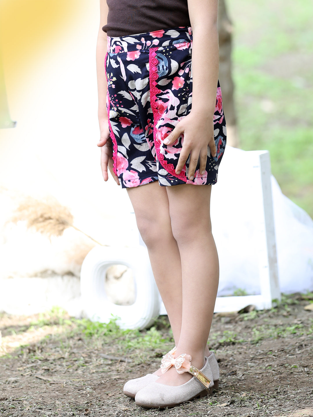 Cutiekins Printed Polyester Regular Shorts-Navy Blue & Pink