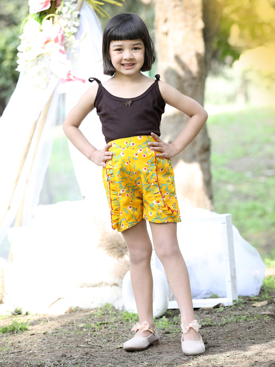 Cutiekins Printed Polyester Regular Shorts-Yellow & Green