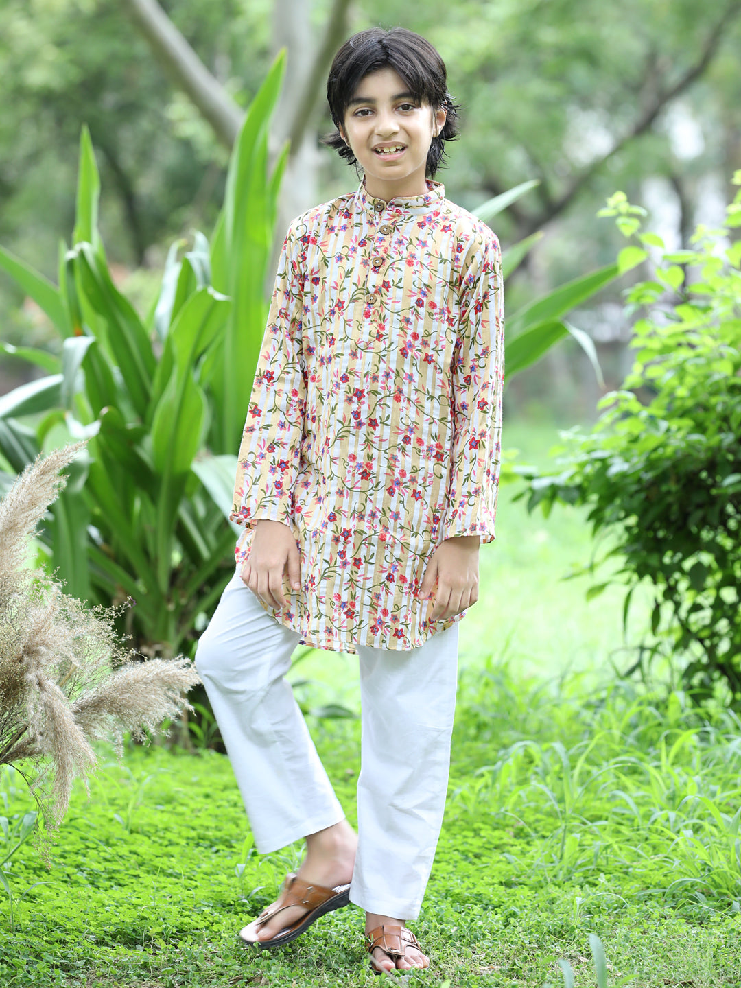 Cutiekins Printed Kurta and Pajama Set-Cream & Off White
