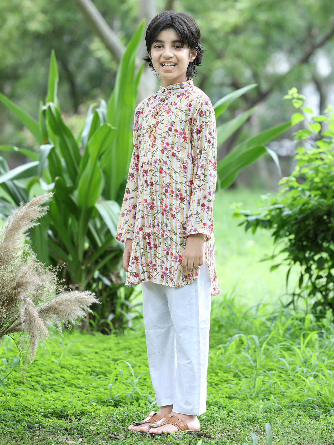 Cutiekins Printed Kurta and Pajama Set-Cream & Off White