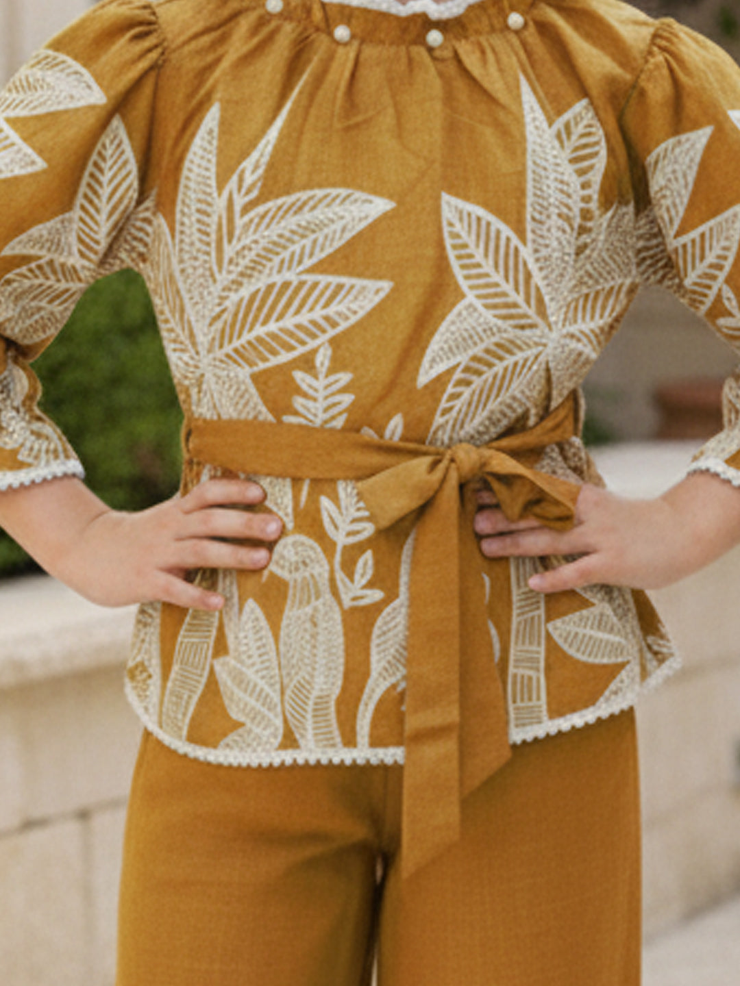 Cutiekins Girls Trendy Floral Print Peplum Top and Wide Leg Pants Co-Ord Set - Mustard & White