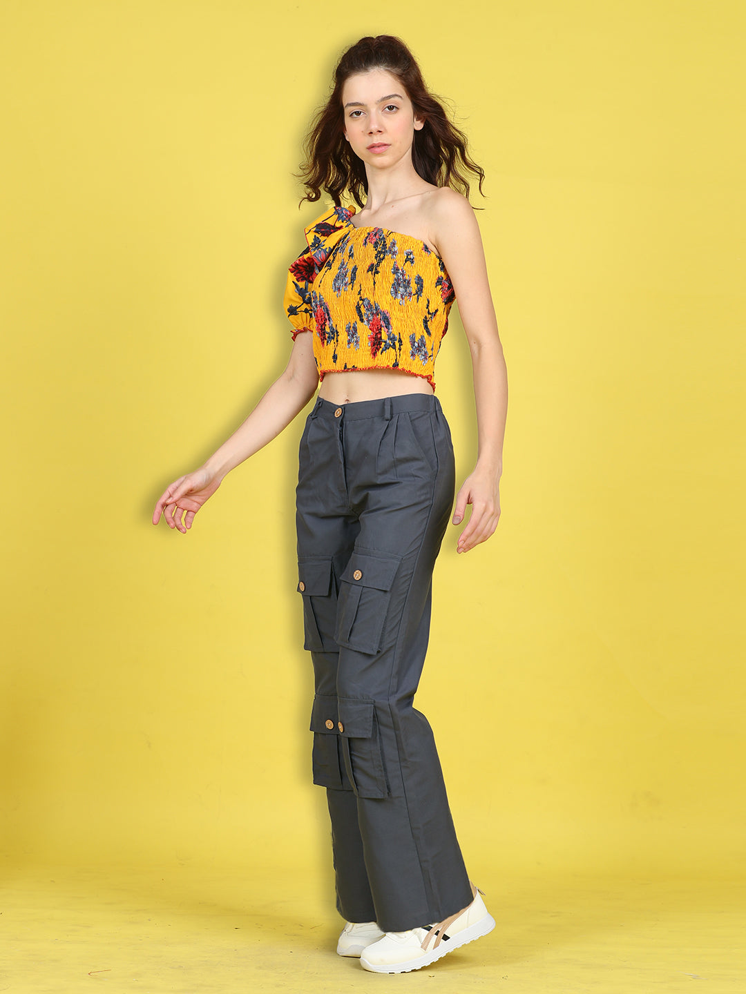 Cutiekins Girls Trendy Bold Look Crop Top With Solid Cargo -Mustard & Dark Gray
