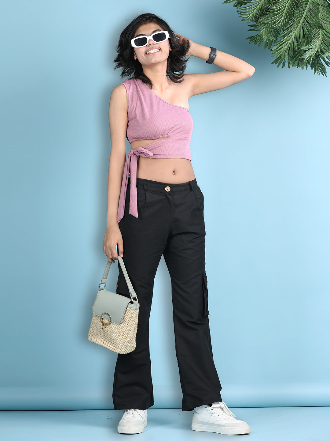 Cutiekins Girls Solid Embellished Top with Solid Cargo -Onioin Pink & Black