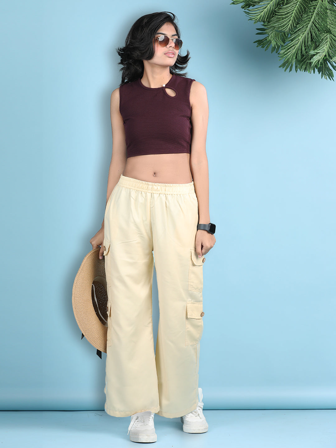 Cutiekins Girls Solid Embellished Top with Solid Cargo -Wine & Cream