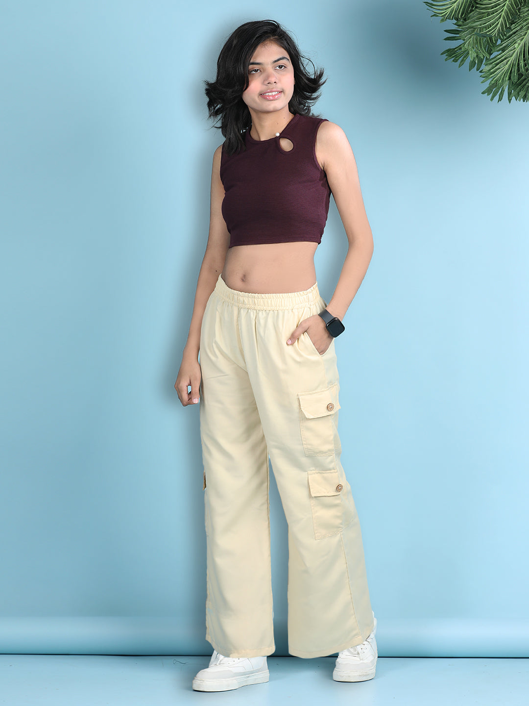 Cutiekins Girls Solid Embellished Top with Solid Cargo -Wine & Cream