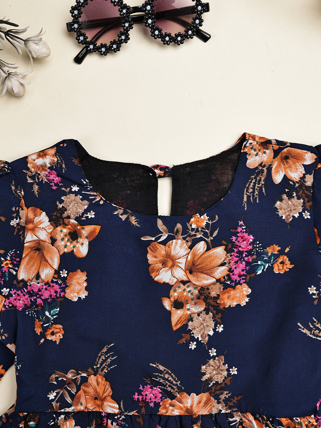 Cutiekins Girls Adorable Floral Print Casual  Top -Navy Blue & Rust