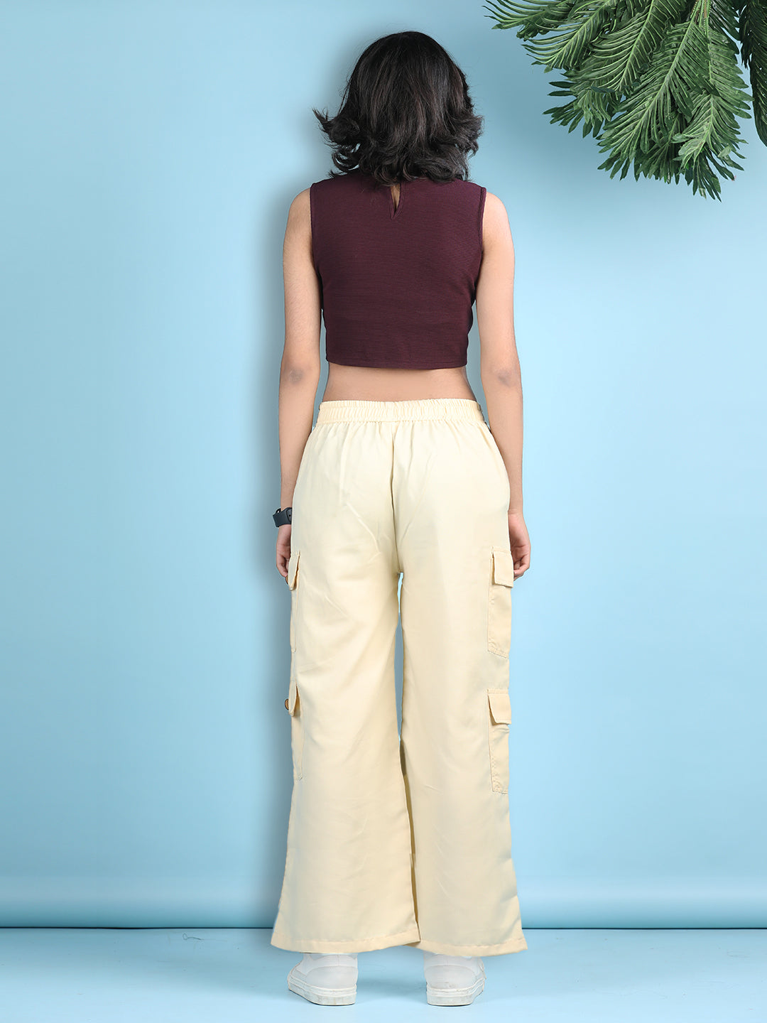 Cutiekins Girls Solid Embellished Top with Solid Cargo -Wine & Cream