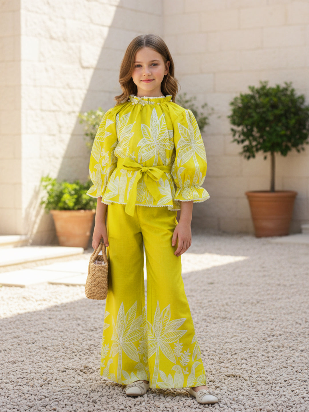 Cutiekins Girls Trendy Floral Print Peplum Top and Wide Leg Pants Co-Ord Set - Yellow & White